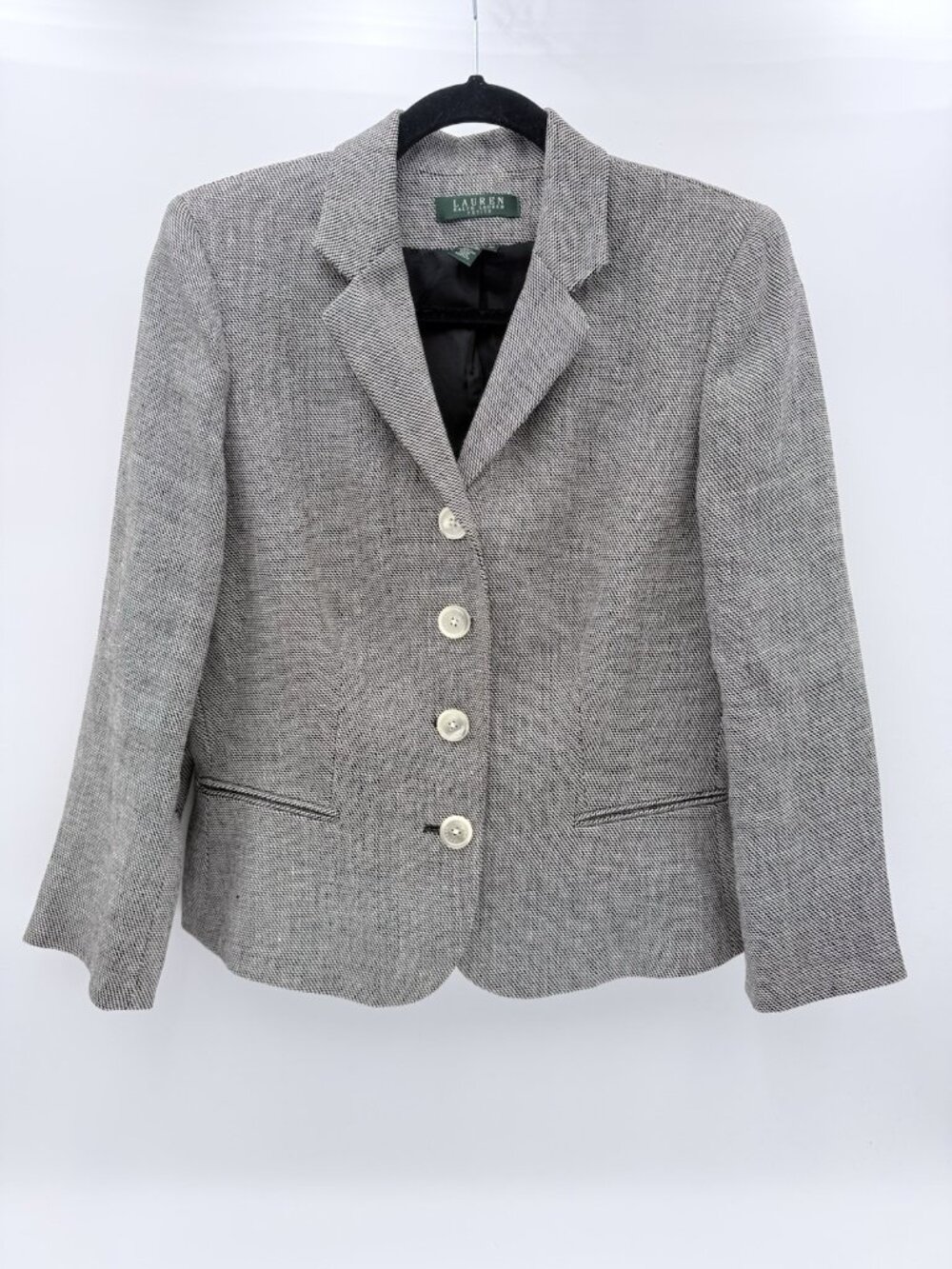 Ralph Lauren 100% Linen Heathered Gray Black Button Front Blazer Career Size 6